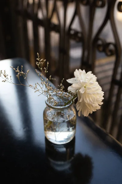 beautiful fresh white flower in a transparent small vase on a black table in a restaurant. minimalist composition.