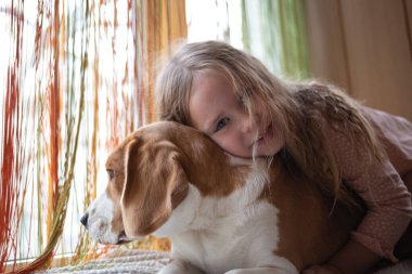 Küçük tatlı kız pencere kenarında oturan av köpeğine sarılıyor..