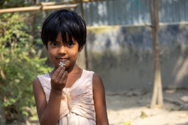 Bangladeş 'in kırsal kesiminden elinde çiçek tutan masum bir kız. Fotoğrafçılık için sevimli bir Asyalı köy kızı poz veriyor. Kishoreganj, Bangladeş, 11 Mart 2024