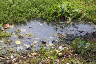 Çöplerle dolu nehirlerde su kirliliği. Bangladeş 'teki nehir suyunu çeşitli tip ve kaynaklardan gelen plastik ve çöp kirletiyor. Dünya Çevre Günü kavramı.