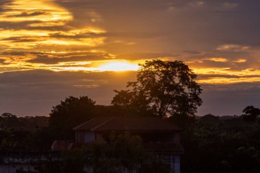 Parlak bir sabah gökyüzü ile dramatik bir gün doğumu manzarası. Siluetli orman ağaçları ve canlı arkaplana karşı bir ev standı.