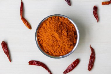 Çelik bir kapta kırmızı biber tozunun üst görüntüsü, ahşap bir yüzeye yerleştirilmiş..