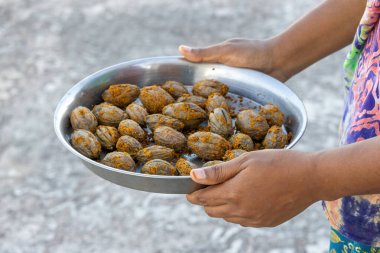 A woman's hand holding a silver dish filled with sun-dried olives, ready to make flavorful olive pickle. clipart