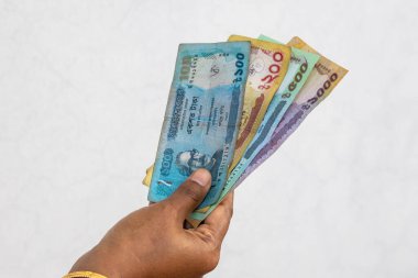 100, 200, 500 ve 1000 Bangladeşli banknot tutan kadın el (BDT).