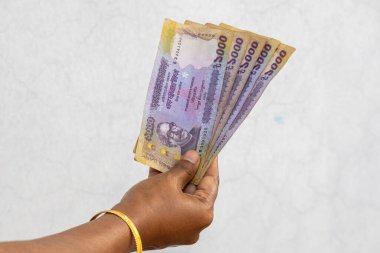 Beyaz arka planda bir kadın eli 1000 taka Bangladeş banknotunu (bin BDT) tutar..
