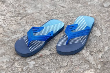 Bir çift şık lacivert parmak arası terlik beton zeminde duruyor. Bu hafif, sandalet benzeri ayakkabı genellikle gündelik ayakkabı olarak giyilir..