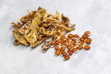 Beyaz arka planda izole edilmiş, güneşte kurutulmuş fasulye filizi sağlıklı bir yemektir. Protein, lif ve çeşitli vitamin ve mineraller açısından iyi bir kaynaktır. Kalorileri ve yağları azdır..