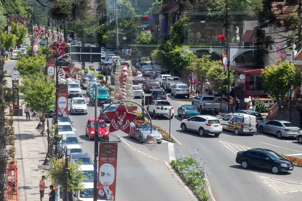 Gramado, Rio Grande do Sul, Brezilya - 12 Aralık 2024: Yoğun şehir, turistler ve Noel süslemeleri.