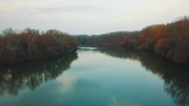 Late Fall River Glide: Sonbaharın sonlarında bir nehir boyunca süzülür ve kahverengi yapraklı ve çıplak dallı ağaçlara tanıklık eder, büyüleyici doğal bir tablo çizer.