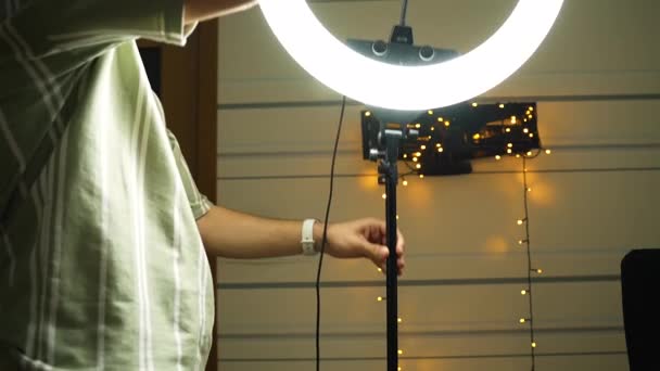 Turning Led Ring Light Lowering — Stock Video