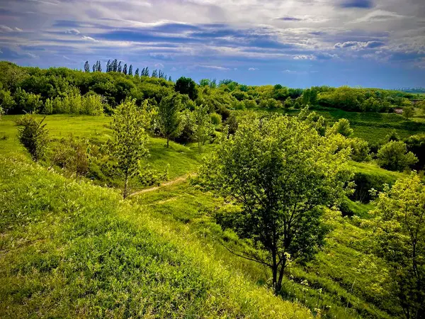 Manzara, doğanın bir resmi. Yükseklerden, bulutlu bir akşamın altındaki geniş bir açıklığın görüntüsü, yağmurlu bir gökyüzüne benzer.