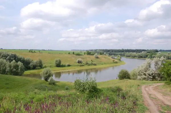 Yazın kırsal kesimde Manzaralı Nehir Eğrisi. Yeşil tepeler boyunca kıvrılan sakin bir nehrin ve parçalı bulutlu bir gökyüzünün altında açık çayırların güzel panoramik manzarası. Manzarada yemyeşil otlar serpilmiştir.