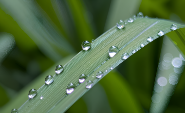 Sayısız temiz su damlasıyla kaplı yeşil bir yaprak. Yaprak uzun ve ince görünüyor. Su damlacıkları küreseldir, ışığı yansıtır ve parıldayan bir etki yaratır.