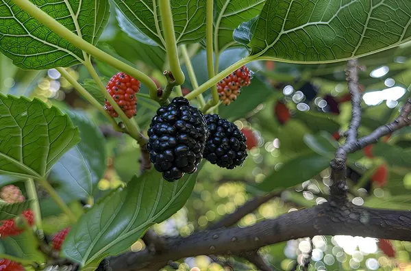 Olgun böğürtlenli dut dalı. Yakınlarda hala olgunlaşmakta olan kırmızı böğürtlenleri ve açık damarlı yeşil yaprakları görebilirsiniz. Işık yansımaları ile bulanık arkaplan derinlik ekler
