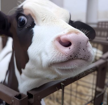 Siyah benekli beyaz bir buzağının yüzü metal bir çitin arkasından dışarı bakıyor. Büyük, anlamlı gözler dünyaya bakıyor, ve pembe bir burun, üzerine siyah noktalar serpiştirilmiş, ona özel bir cazibe veriyor.