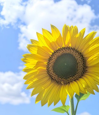 Görkemli ayçiçeği parlak taç yapraklarını açarak yaz güneşini selamladı. Altın yüzü mavi gökyüzüne doğru döndü, sanki sıcaklık ve ışık arıyormuş gibi.