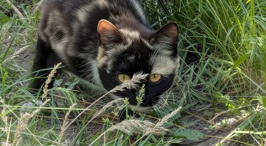Bir kedi küçük bir kaplan gibi uzun otların arasında saklanıyor. Sarı gözleri etrafındaki dünyayı yakından izliyor.
