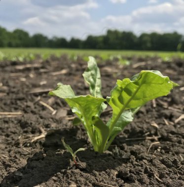 Genç pancar tarlada filizleniyor. Bereketli toprak, sıra sıra ekinler, tarım, bahar, büyüme, tarım sektörü