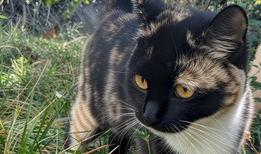 Sarı gözlü kahverengi-siyah bir kedi çimenlerde oturur ve dikkatlice yan tarafa bakar. Evcil hayvanlar hakkında