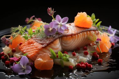 Artistik Somon Yaratılışımızla bir aşçılık yolculuğuna çıkın. Lezzetli bir somon dilimi, zarif bir sunum ve zarif bir dekorla buluşur..