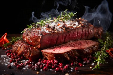 Izgara mükemmelliğinin sanatsal yetenekle buluştuğu ve gastronomik mükemmelliğin görsel bir ziyafet verdiği dekore edilmiş biftekli yemek sanatı ile deneyim aşçılığı ihtişamı..