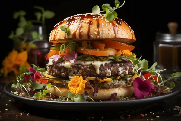 Dive into a culinary fusion with our Artistic Hamburger Delight, where savory perfection meets creative presentation, inviting you to savor the symphony of flavors in every delicious bite.