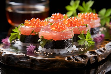 Zarif suşimizin tadını çıkarın, üzerine taze somon, yumurta ve garnitür konmuş, zarif siyah bir tabakta sunuluyor. Nefis tatlar görsel cazibeyle buluşur..