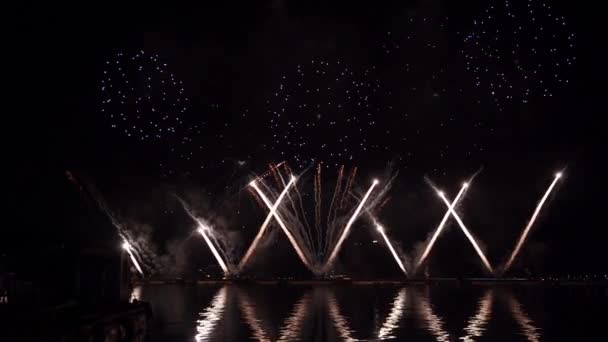 川の近くで夜に美しい花火の展示 — ストック動画