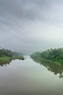 Hindistan 'da yeşil ağaçları ve dağları olan sakin bir nehrin manzarası.