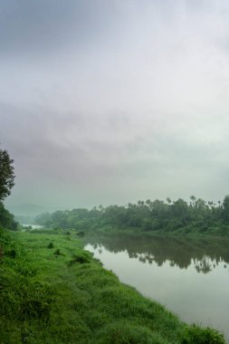 Hindistan 'da yeşil ağaçları ve dağları olan sakin bir nehrin manzarası.