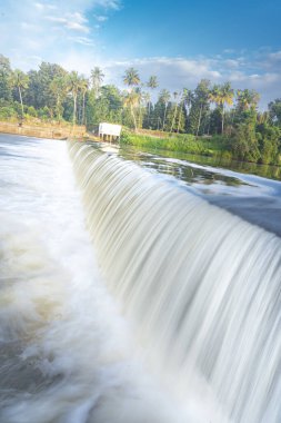 Kerala, Hindistan 'daki bir çek barajından güzel bir şelale manzarası. Nehirde akan bembeyaz bir su manzarası