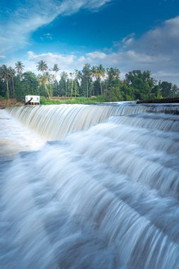 Kerala, Hindistan 'daki bir çek barajından güzel bir şelale manzarası. Nehirde akan bembeyaz bir su manzarası