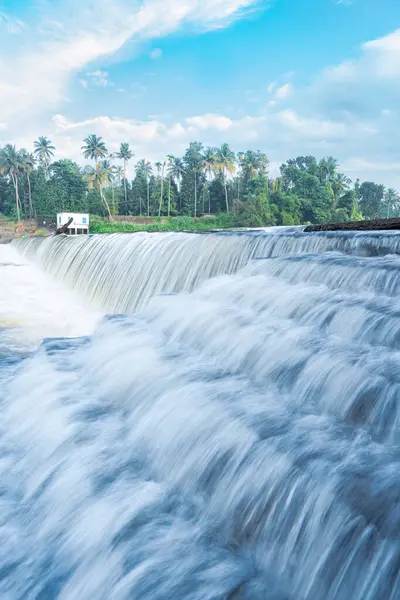 Kerala, Hindistan 'daki bir çek barajından güzel bir şelale manzarası. Nehirde akan bembeyaz bir su manzarası