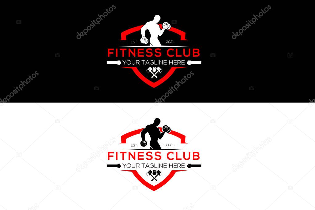 Fitness Gym Logo Design Vector. Shield Frame, Muscle Body, Man's Silhouette, Fitness Sport Body Building Logo Icon Vector Template
