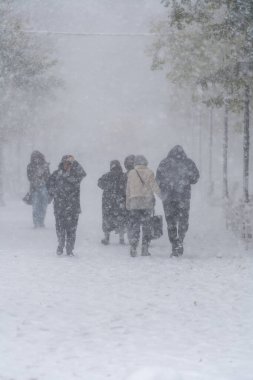 Group of people walking in the snow storm on the city streets