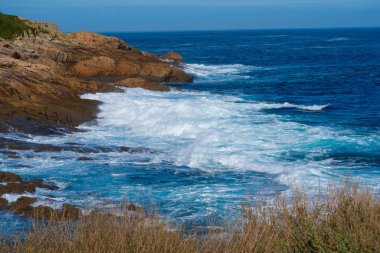 Kıyı kayalarına vuran beyaz köpüklü kaynayan uzun okyanus dalgaları (deniz manzarası))
