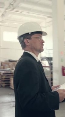 Fabrikadaki tablet bilgisayarını kullanan kasklı bir iş adamı. Dikey video