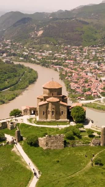 Aerial View Jvari Monastery Mtskheta City Vertical Video — ストック動画