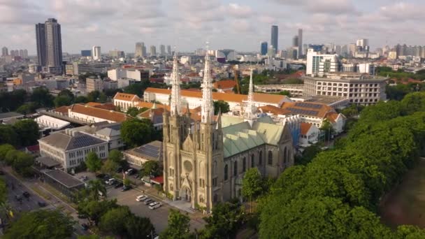 Luchtfoto Van Kathedraal Van Jakarta Het Gelegen Centraal Jakarta Buurt — Stockvideo