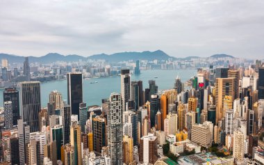 Hong Kong 'un şehir manzarası. Hava görünümü