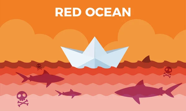 Papírová Loď Červeném Oceánu Izolovaná Vektorová Ilustrace — Stockový vektor