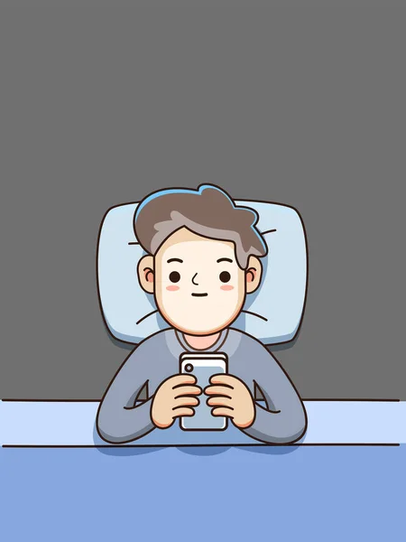 Bir Adam Yatağında Telefonunu Kullanıyor Zole Vektör Llüstrasyonu — Stok Vektör