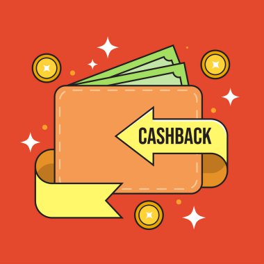 Kahverengi cüzdan ve kırmızı arka planda nakit para metni. Vektör İllüstrasyonu