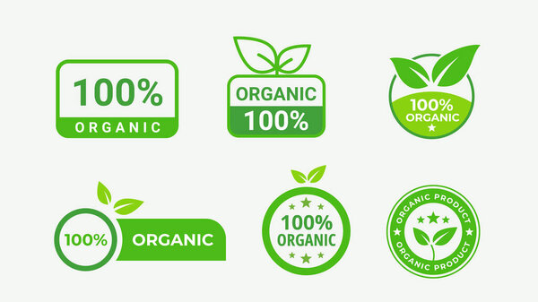 Шесть зеленых этикеток полного органического продукта. Изолированная векторная иллюстрация