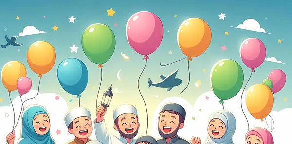 Arka planda balonlarla bayram kutlayan Müslüman bir ailenin vektör çizimi.