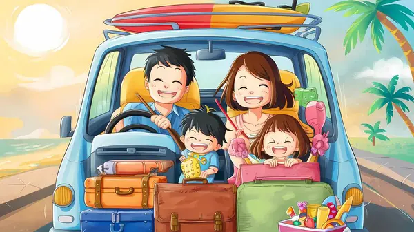 Mutlu bir aile, eşyalarını arabada taşıyor ve yaz tatilini deniz kenarında geçirmeye hazırlanıyor., 