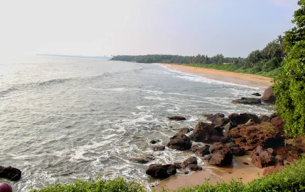 Seaside cliff view with rock and lush green nature near beach side along with coastal and sea waves crashing into rocks located at kannur beach kerala india