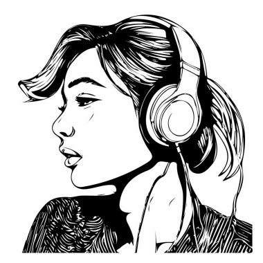Kulaklık takan ve müzik dinleyen genç bir kızın robot resmini çizmek için siluet karalama siyah vektör çizimi izole edilmiş. Kadın kız kulaklıkla müzik dinliyor.