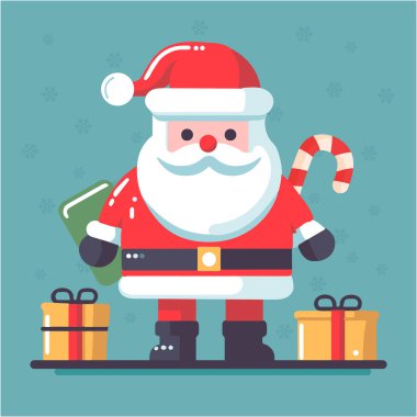 Noel Baba hediye vektörü, yerde yatan kutu hediyeleri, Mutlu Noel Baba karakteri Mutlu Noeller tasarım konsepti düz vektör çizimi üzerine sürpriz hediyeler tutuyor.