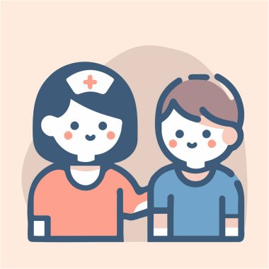 Dost canlısı beyaz tenli kadın doktor erkekleri rahatlatıyor. Kanser hastası karakter düz vektör çizim avatar konsepti. Hemşire, genç hasta ziyaretine gidiyor.
